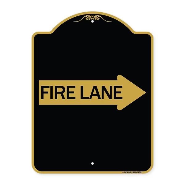 Designer Series Sign-Fire Lane Right Arrow, Black & Gold Aluminum Sign, 18